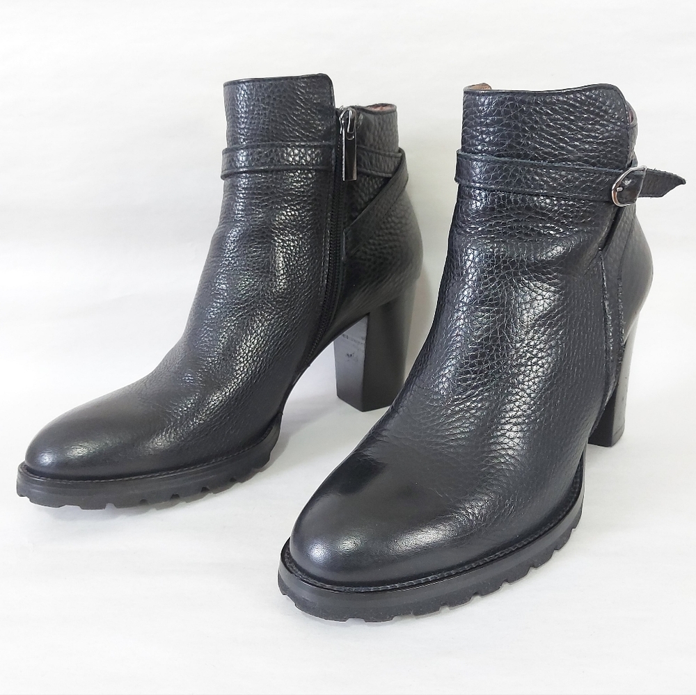 L'Artiere Women Biker Chic Buckle Strap Ankle Boots 38.5 Black High Block Heel